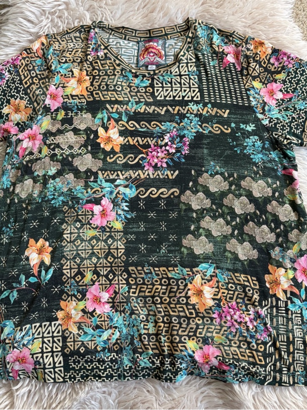 Johnny Was Black Floral Patchwork Short Sleeve Tee